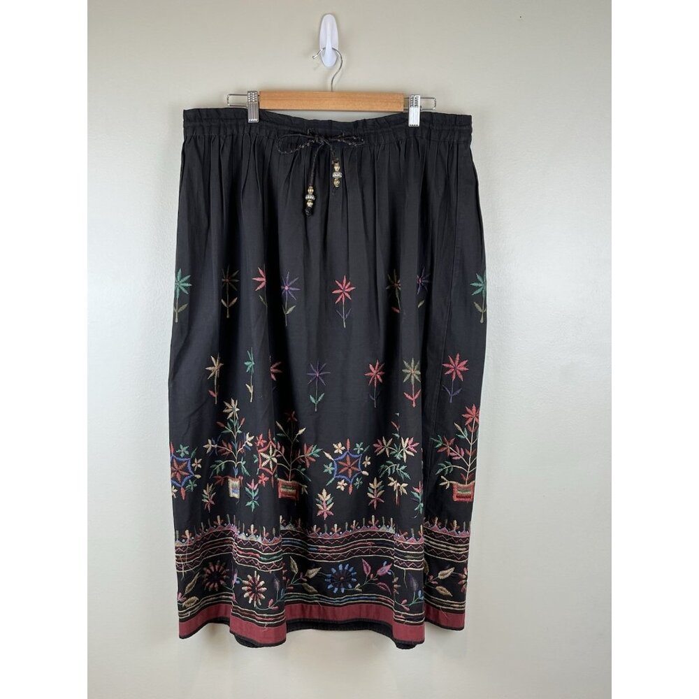 Vtg Embroidered Boho Maxi Skirt Black Sz Small Tie Waist‎ Liz Wear